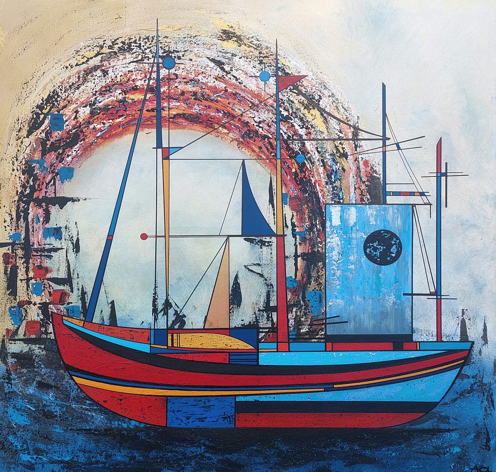 Original geometric abstract painting of a stylized colourful boat before a radiant cosmic ocean portal in swirling reds, oranges, and golden yellows, unique wall art blending nautical symbolism with interdimensional journey in bold modern geometry.