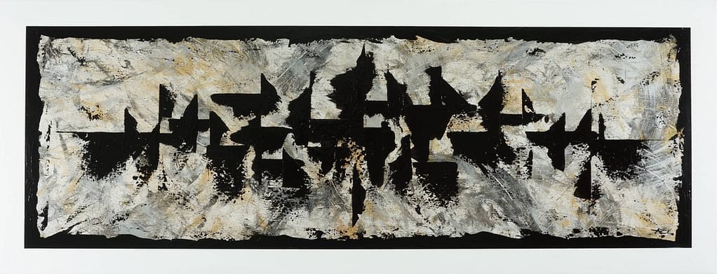 Kyoto, from Andrea Ólafs early artistic period. Full of contrast with the black on metallic background.