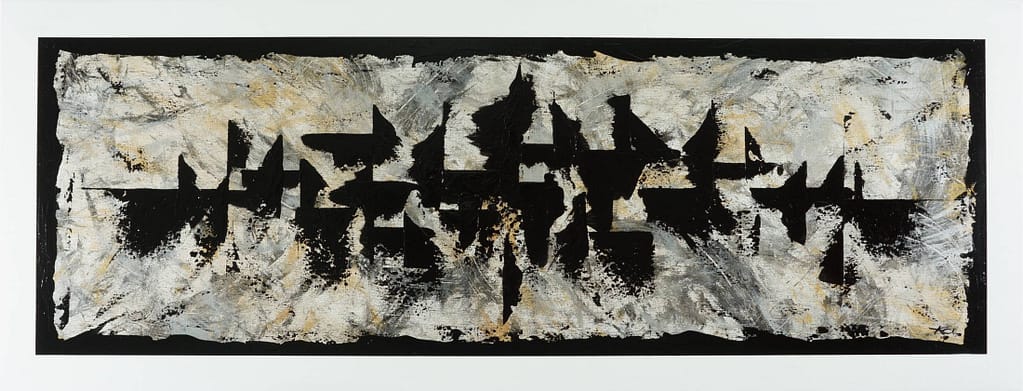 Kyoto, from Andrea Ólafs early artistic period. Full of contrast with the black on metallic background. 