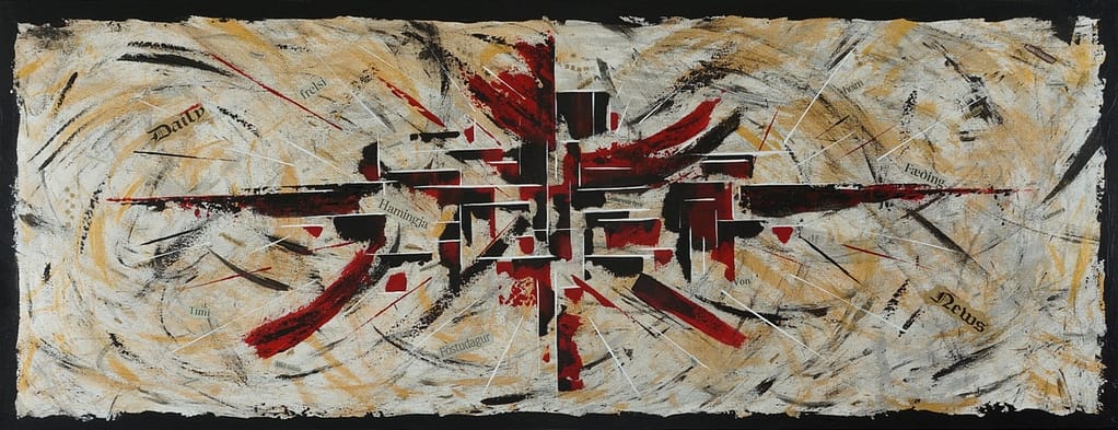 From Icelandic artist's, Andrea Ólafs, early period. Bold red and black on metallic background.