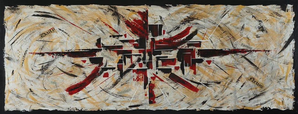 From Icelandic artist's, Andrea Ólafs, early period. Bold red and black on metallic background.