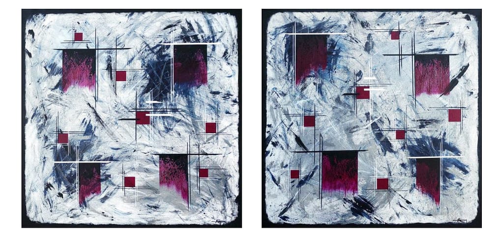 Pink and Blue is a diptych by Icelandic artist-Andrea Olafs (AndArtica). Bold colours and drips on metallic background.