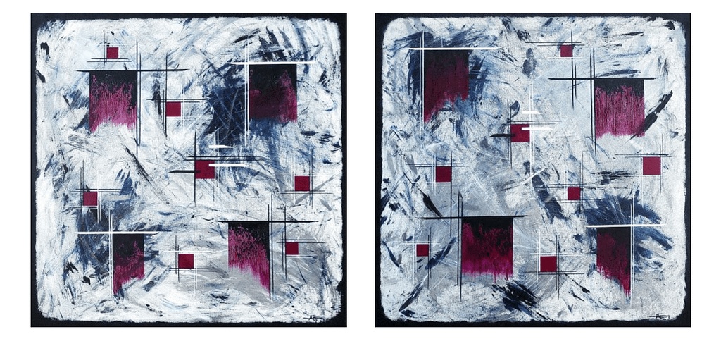 Pink and Blue is a diptych by Icelandic artist-Andrea Olafs (AndArtica). Bold colours and drips on metallic background. 