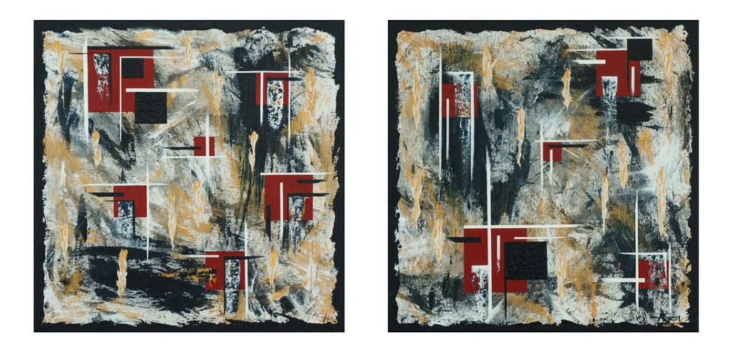 ELEVEN, a diptych from Icelandic artist, Andrea Ólafs. Bold colours on metallic background.