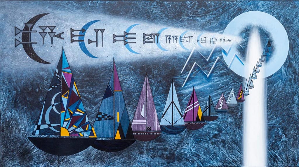 Geometric abstract acrylic painting Peacelight depicts a fleet of colourful sailboats gliding across deep blue textured cosmic ocean toward radiant white light beam into a big cosmic moon symbolising humanities journey towards peace., Within a white mysterious fog many crescent moons appear marked with ancient sumerian runes spelling PEACELIGHT. The artwork is a prayer for peace, symbolizing hope and cosmic love.