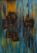 Frequencies & Vibrations series abstract painting by Icelandic artist Andrea Ólafs, AndArtica, textured blue teal gold geometric with vertical energy waves and crosshatch lines. Frequencies of the contrasts of the warmth of the Sun and the depth of the Ocean.