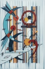 Geometric abstract acrylic painting with large crescent Moons, playful scattered musical notes and dots, hexagonal happy molecules in fused with the ancient Egyptian Shen ring symbolizing eternal creation. Rhythmic lines in blues, browns, and reds evoking music's joyful vibrational energy.