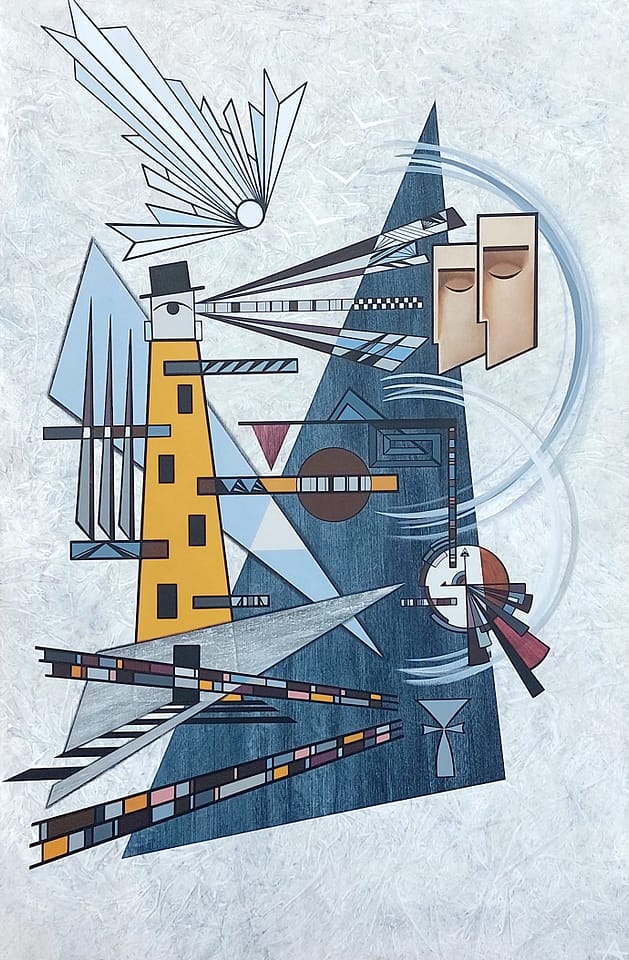 Geometric abstract acrylic painting of a sleeping couple awakened by their surrounding with a comet from above accompanied by white freedom birds. The central radiant orb emitting light beams from a lighthouse, symbolizing awakening, clarity, and higher consciousness.