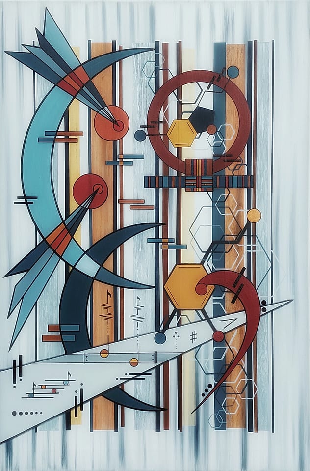 Geometric abstract acrylic painting with large crescent Moons, playful scattered musical notes and dots, hexagonal happy molecules in fused with the ancient Egyptian Shen ring symbolizing eternal creation. Rhythmic lines in blues, browns, and reds evoking music's joyful vibrational energy.