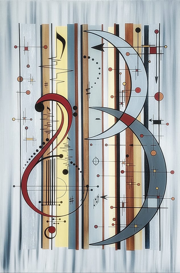 Geometric abstract acrylic painting featuring a fused red guitar form with G and F notes at center, vertical rhythmic colour bands in blues, browns, and yellows, sound waves, arrows, scattered musical dots, and large grayscale crescent Moons evoking melodic flow and emotional connection to music.