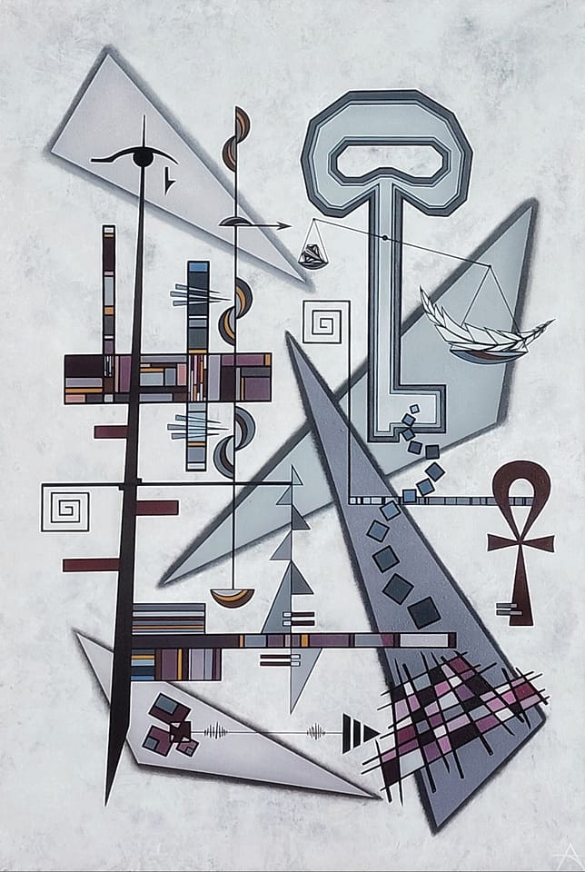 Geometric abstract acrylic painting Masterkey (dyptic with Mindscape) depicts a monumental central key that carries the balance of the ancient Egyptian weighing of the heart. The intuitive third eye on a magic wand, Egyptian Ankh for eternal life, geometric shards, spirals, triangles, dotted orbits, and subtle circuits in soft colours on textured light gray background, symbolizing spiritual unlocking, higher dimensions, and inner mastery.