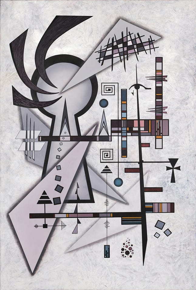 Geometric abstract acrylic painting Mindscape (dyptic with Masterkey); symbolic keyhole portal to higher dimension. Soft colour tones and spiritual symbols granting access to higher dimensions for inner awakening and transformation.