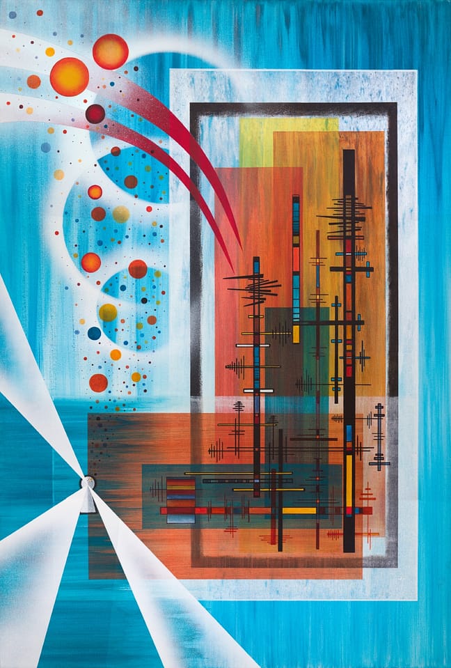 Original geometric abstract painting inspired by Huxley's Doors of Perception: turquoise swirling cosmos with dotted particles, red arc connecting to the framed inner layers of rectangles depicting a door. Unique wall art symbolizing threshold between worlds and expanded consciousness.
