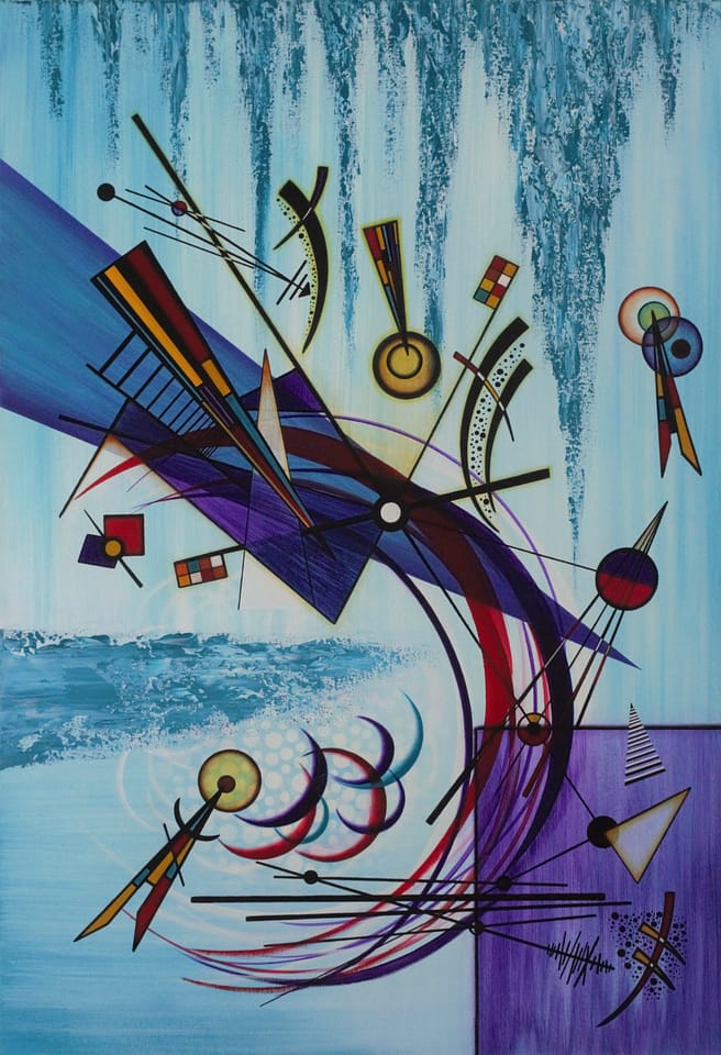 Ocean Clockwork is a geometric abstract painting by Icelandic artist Andrea Ólafs AndArtica. Kandinsky-inspired acrylic on canvas, anchored by many moons for timeliness - swimming in a playful oceanic seascape. 