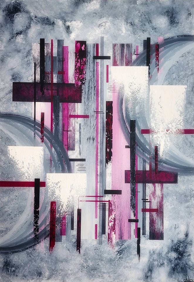 Abstract acrylic painting 'Serenity' by Icelandic artist Andrea Olafs: layered pink, grays, magenta, and black geometric forms with sweeping gray curves symbolizing many moons, -capturing emotions, and the passage of time - painted on a textured background evoking calm surrender and inner peace.