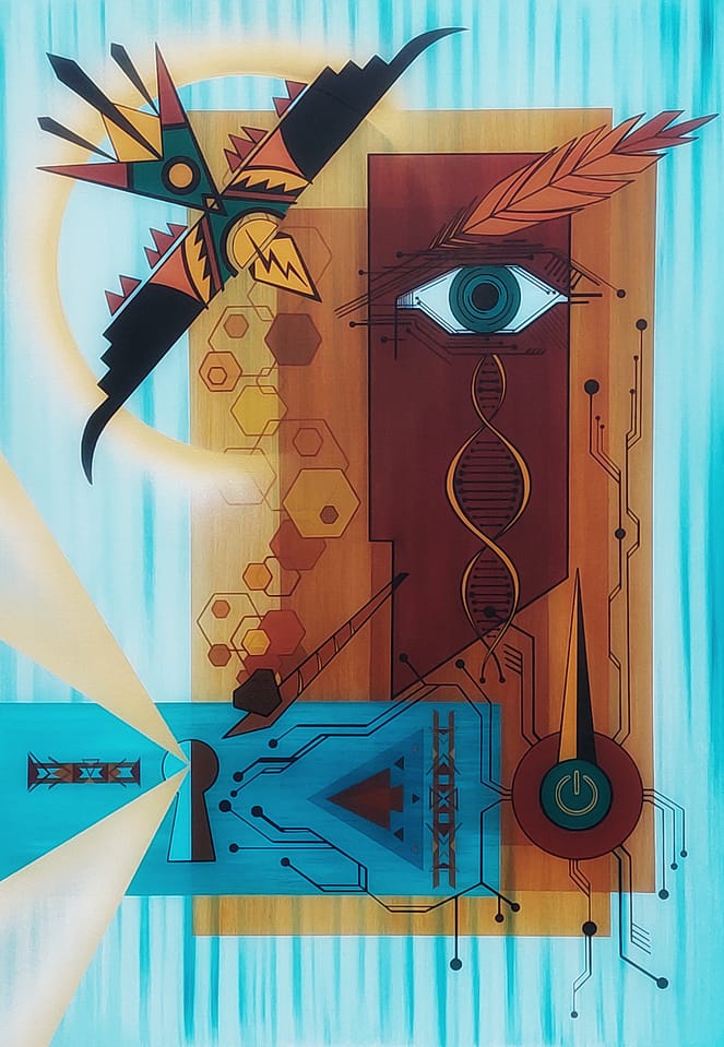 Original geometric abstract painting featuring a powerful Thunderbird bird with lightning wings, large all-seeing eye, golden DNA helix fused with circuit lines, feathers, and hexagonal patterns on turquoise background. Unique wall art blending indigenous spiritual symbolism and ancestral genetic memory for healing journeys.