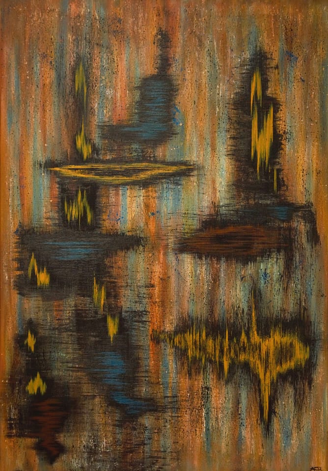 Be Tuned; earthy abstract painting by Andrea Ólafs, AndArtica, acrylic on large canvas with warm tones, waveforms and frequencies.