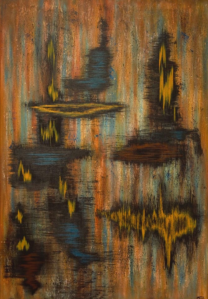 Be Tuned; earthy abstract painting by Andrea Ólafs, AndArtica, acrylic on large canvas with warm tones, waveforms and frequencies. 
