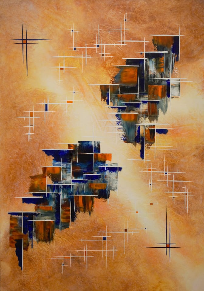 Balancing Cosmic Portals; abstract painting by Andrea Ólafs, AndArtica, acrylic on large canvas with glowing layers and cosmic energy in orange and blue tones.