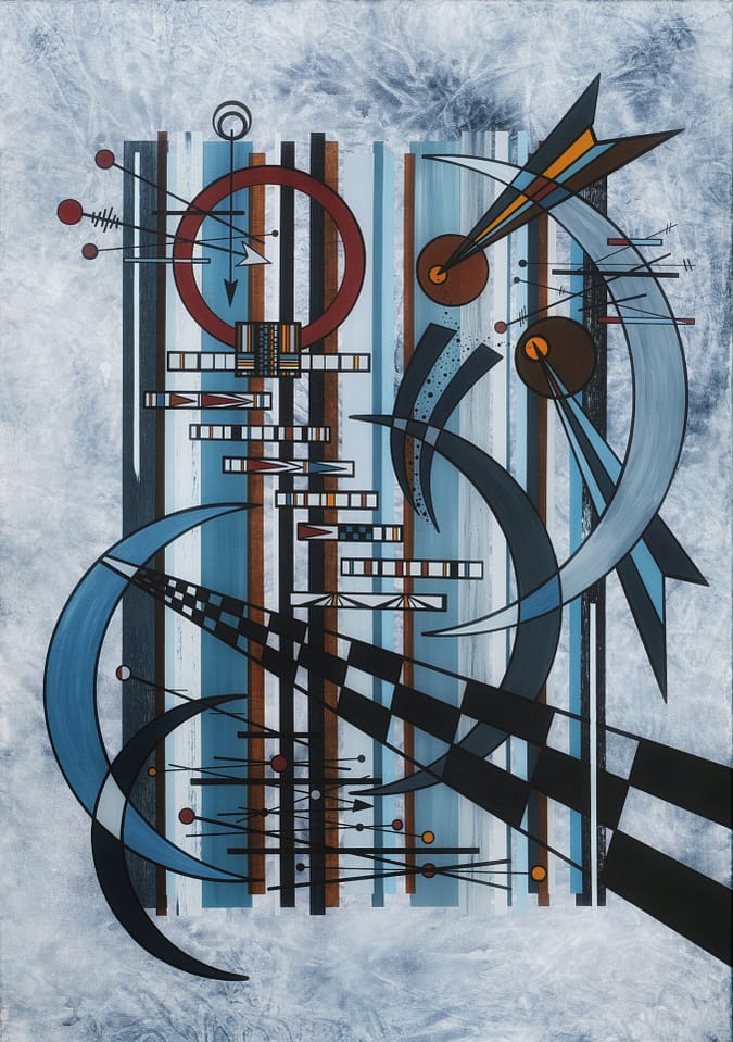 Geometric abstract acrylic painting as dyptic to HALO: deep blue crescent moons curving through vertical striped bands. A staircase holding the Egyptian Shen ring symbolizing eternal creation and lunar cycles.