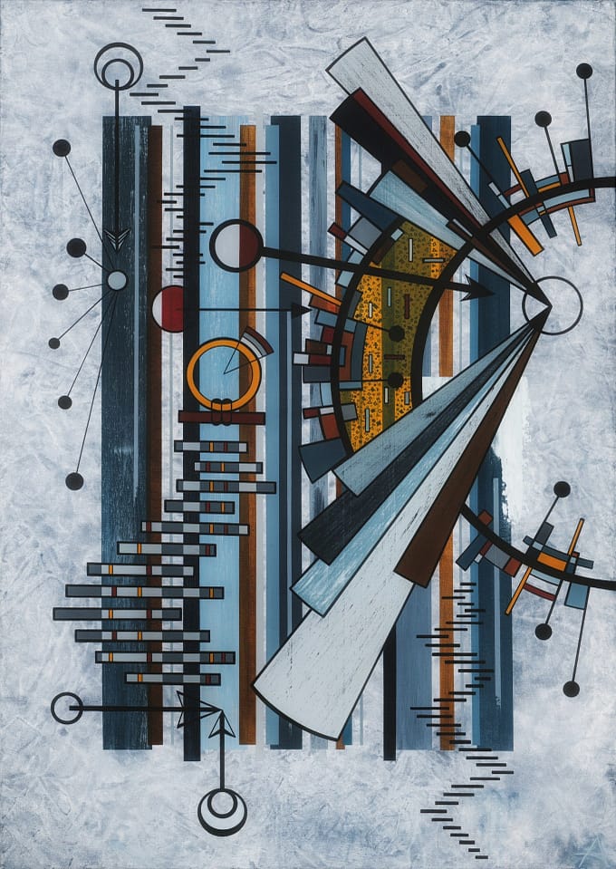 Geometric abstract painting featuring a huge glowing yellow arc, the Halo, encircling vertical striped bands, sweeping black arcs with arrows, connected orbital dots, and layered shards for divine protection. Accompanied by the Egyptian Shen ring symbolising eternal creation, infinity, and protective cycles.