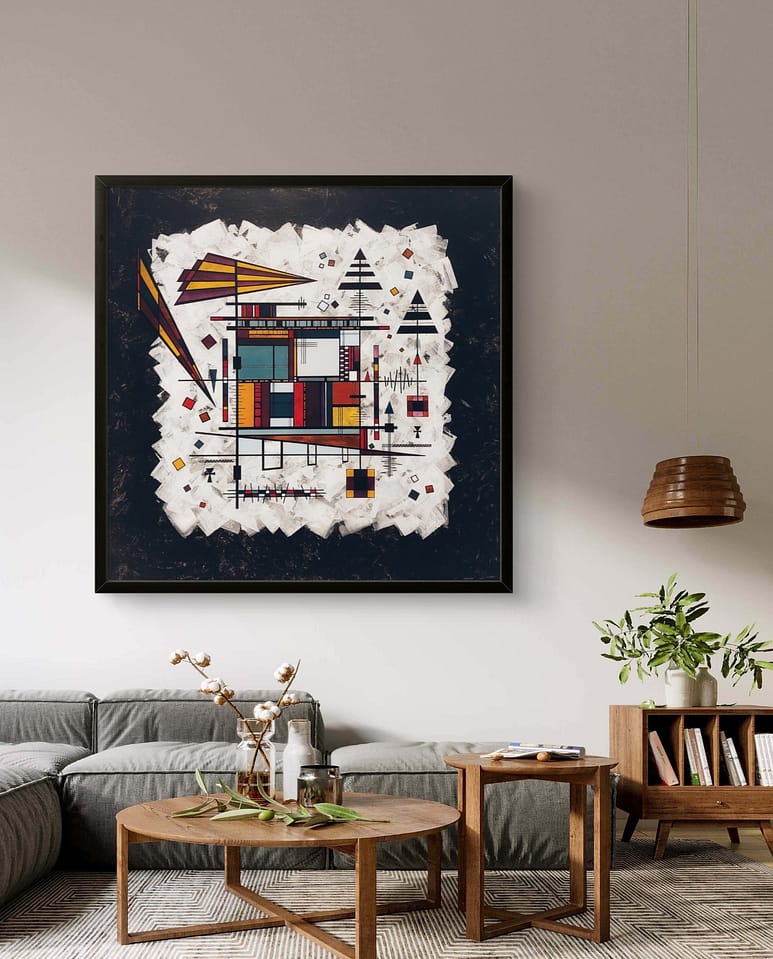 Colourful and energetic large canvas art. Random Order, inspired by Kandinsky brings spark to your living room. 