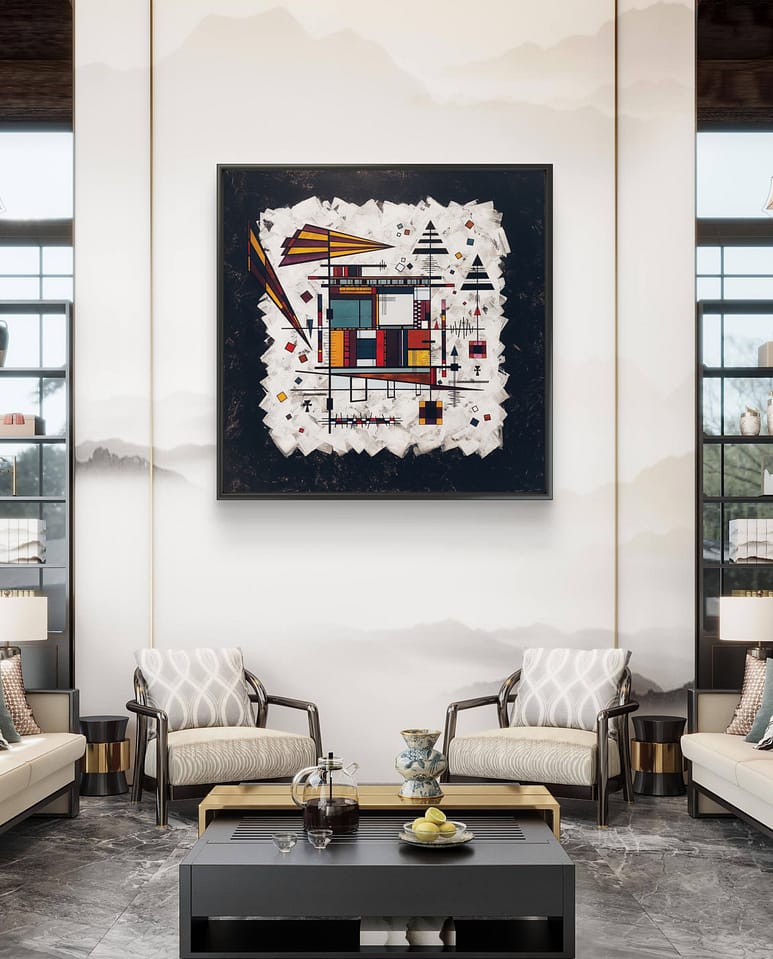 Bring colour and energy into your space. Random Order; large canvas art for living room and office space. Modern geometric wall art.