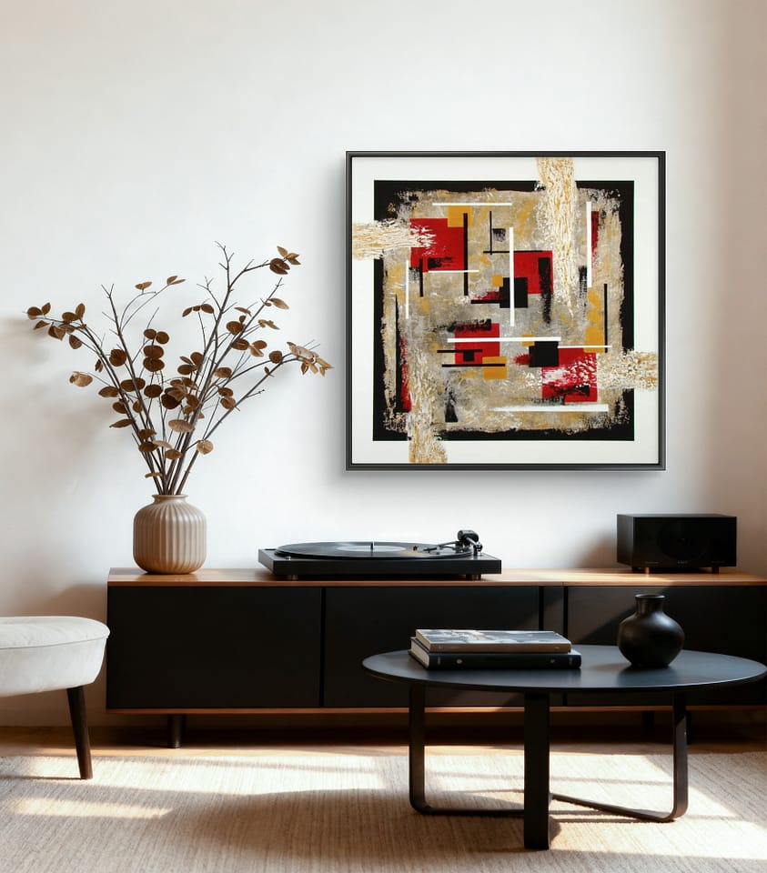 Don't be square, early work by Icelandic artist Andrea Ólafs (AndArtica) in bold red and black on metallic background.