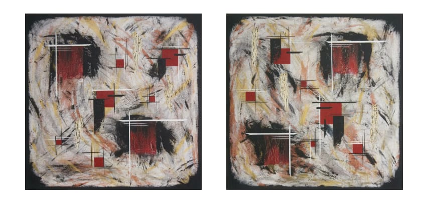 Andrea Olafs-Minimalist geometric artwork, bold red on metallic background.