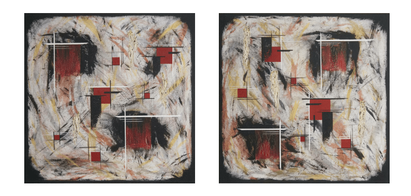 Andrea Olafs-Minimalist geometric abstract artwork, bold red on metallic background. 