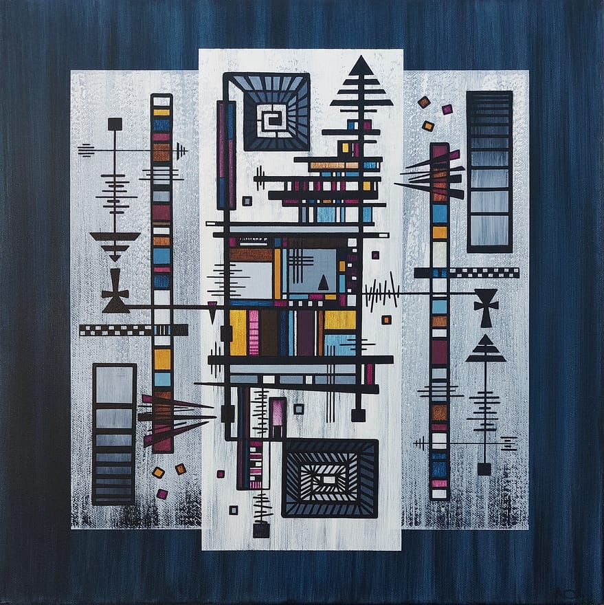 Contemporary geometric abstract painting Navigator Vegvísir by Icelandic artist Andrea Ólafs. Acrylic on canvas, architectural in structure, with a hint of symbolism.