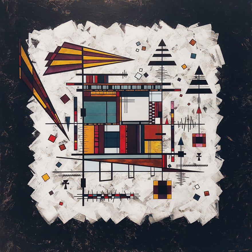 Geometric abstract acrylic painting Random Order: layered central structure in teal/white/red/yellow/blue pierced by diagonals and black lines, surrounded by floating shards, cubes, triangles, radiating fans, and scattered motifs in oranges/purples/blacks on textured dark background with crisp negative space, symbolizing hidden harmony in apparent chaos.