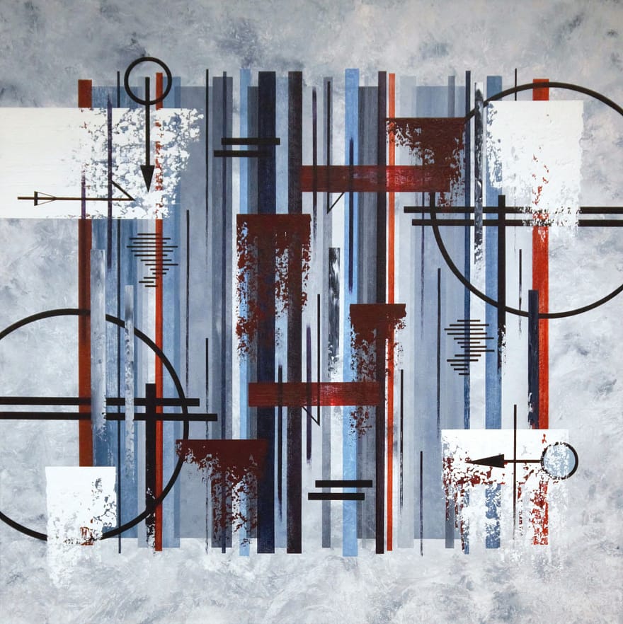 Geometric abstract on large canvas: vertical/horizontal bands in soft greys and blues accompanied by the contrasting brick red, intersected by black arrows, circles, segmented bars, subtle zigzags and textured negative space on soft gray background, symbolizing equilibrium, purposeful direction, and structured freedom.
