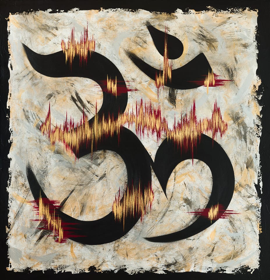 Tune In to the Ohm frequency: abstract painting by Icelandic artist Andrea Ólafs (AndArtica), acrylic on canvas with golden vibrational waveforms in black red orange on neutral and golden background.