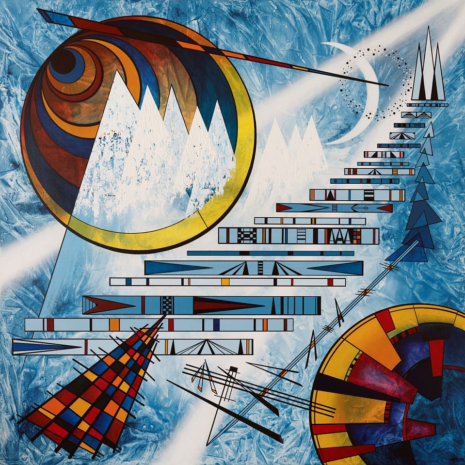Stairway to Heaven is a geometric abstract acrylic painting. The solar system encompasses serene snowy mountain peaks and a magic wand. Ascending striped ladder, upward arrows, on textured icy blue background, symbolizing spiritual ascent and divine connection.