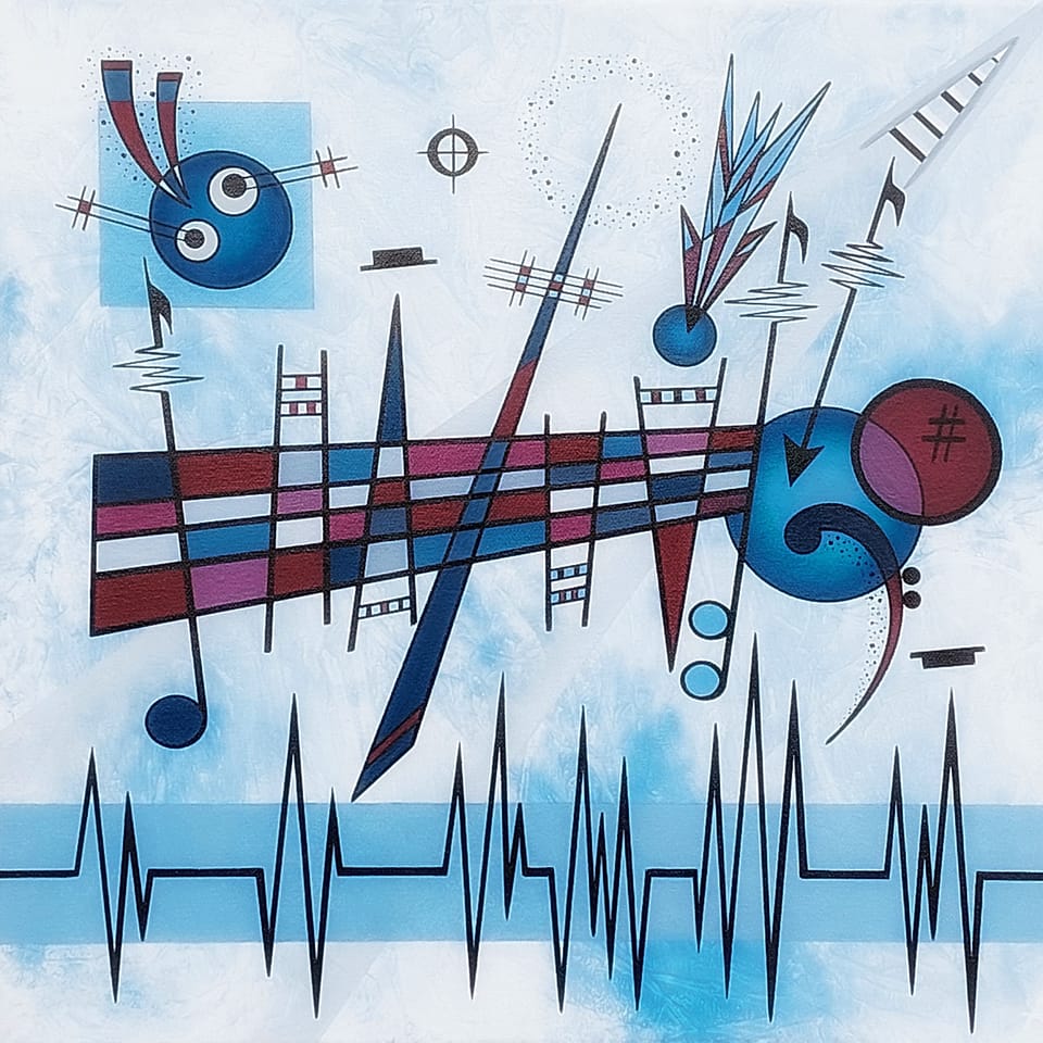 Geometric abstract acrylic painting from MUSICAL VIBES series in soft blues featuring an abstract musical landscape. A diagonal music table holds a magic wand, scattered musical notes and sharp symbols. Zigzag sound waves, and oscillating heartbeat line evoking playful rhythmic joy.