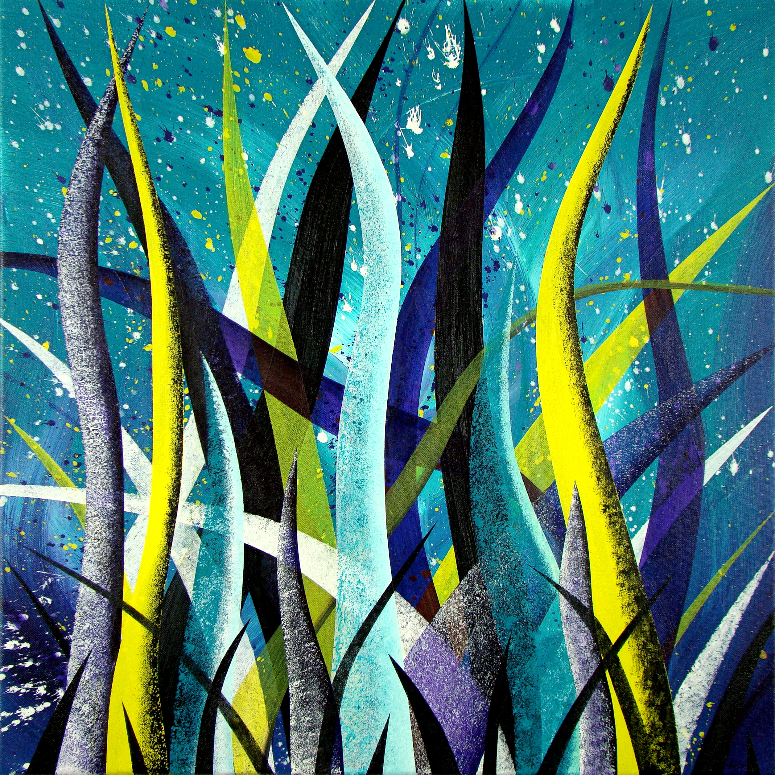 Abstract surreal painting "Underwater Dream" – tall swaying grass-like forms in vibrant yellow, teal blue, purple, black, and white rise upward on turquoise ocean background with paint splatters representing memories floating from subconscious depths to the conscious mind. Dreamy aquatic psychology art.