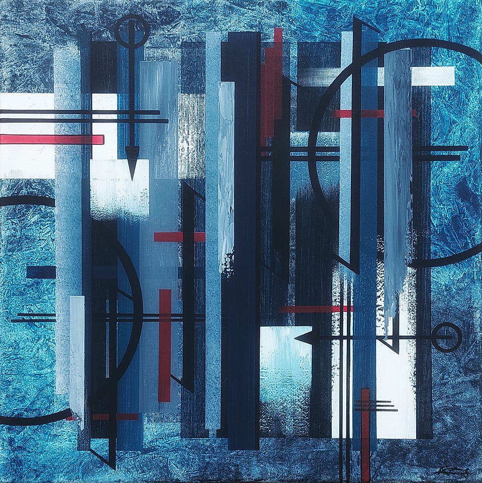 Geometric abstract painting Colonnade: rhythmic vertical pillars and rectangular blocks in muted grays and deep blues, intersected by sharp black lines, layered shards, symbolizing timeless architectural harmony and structural elegance.